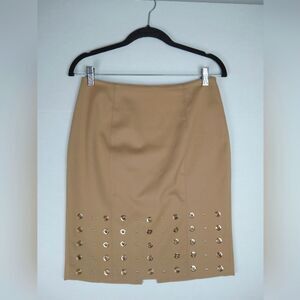 White House/Black Market Lined Pencil Skirt Sz 4 Beige with Gold Embellishments